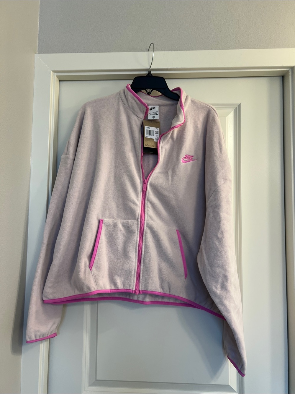 Nike Women's Light Pink Fleece Jacket with Bright Pink Trim